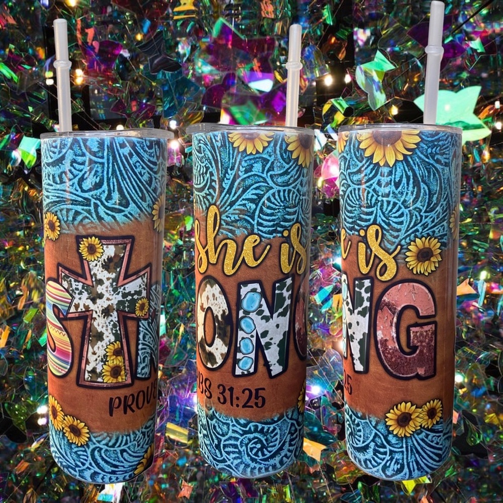 She Is Strong Cheetah Tumbler With Lid & Plastic Straw, 20oz Stainless Steel